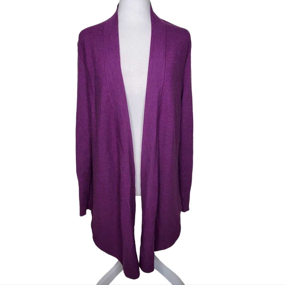 Eileen Fisher Purple 100% Merino Wool Open Front Cardigan Sz Lg